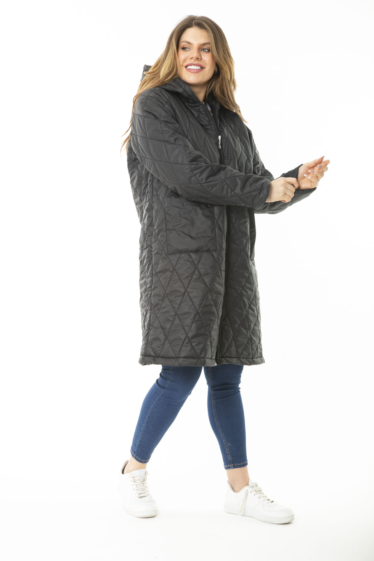 Şans Women's Plus Size Black Front Derm Hooded Quilted Lined Long Coat