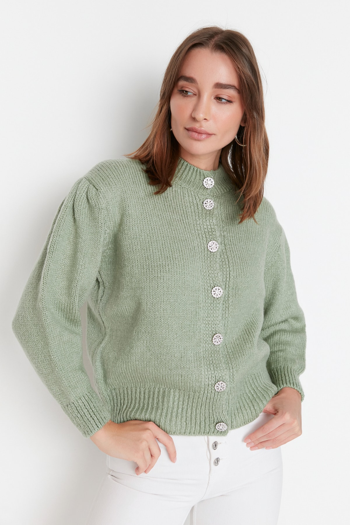 Trendyol Mint Jeweled Button Detailed Knitwear Cardigan