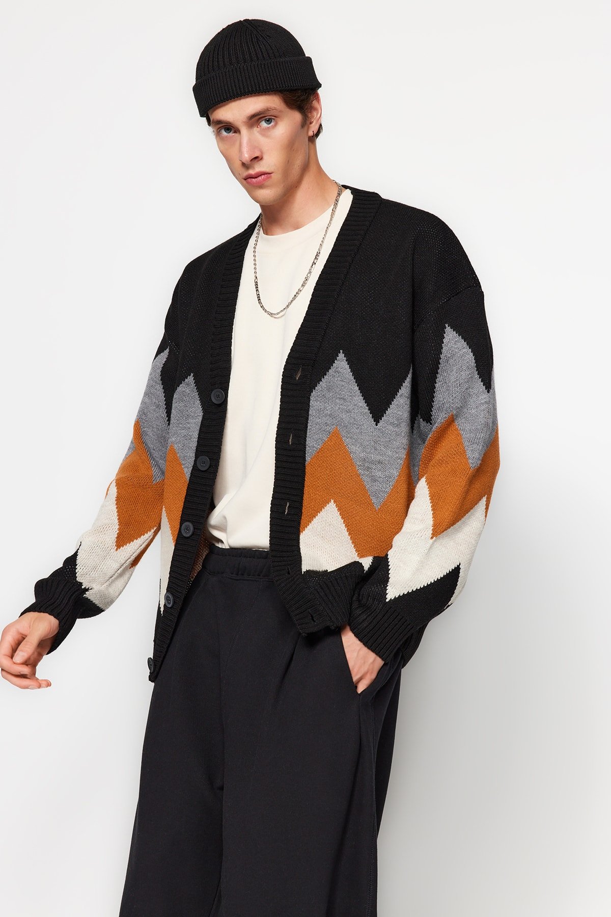 Trendyol Black Oversize Fit Wide Pattern Multicolored Cardigan