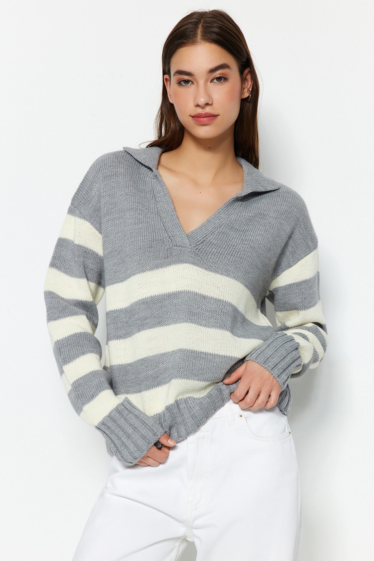 Trendyol Gray Wool Striped Knitwear Sweater