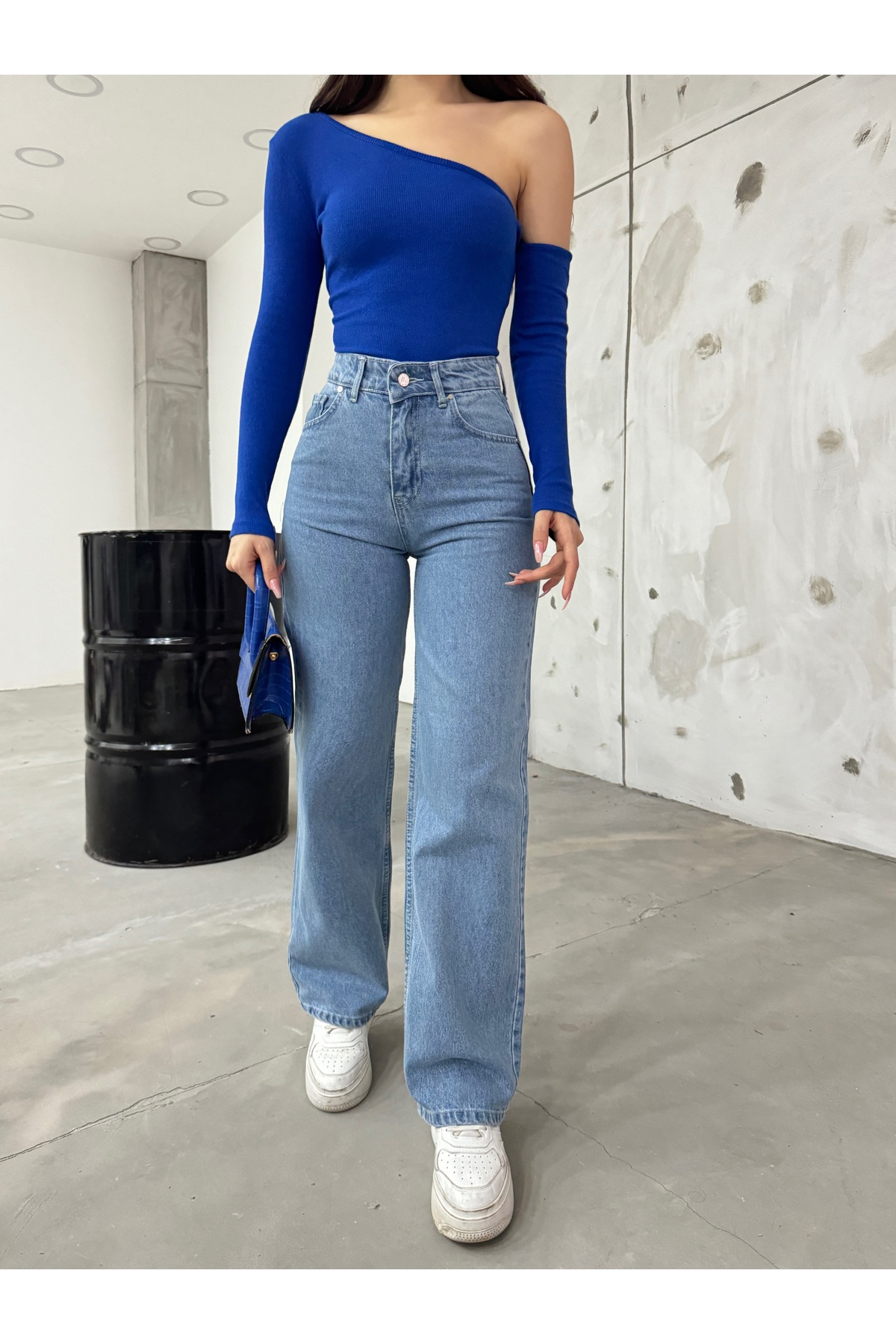 BİKELİFE Women's Blue High Waist Lycra Flexible Wide Leg Jeans