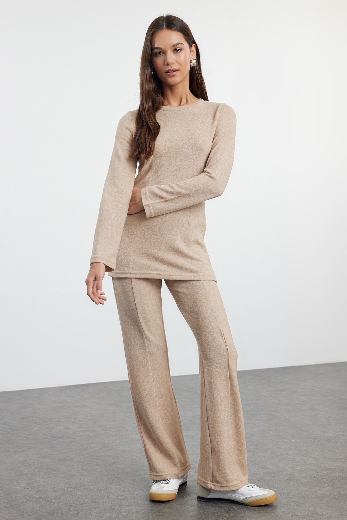 Trendyol Beige Soft Spanish Sleeve Blouse and Trousers Flexible Knitted Top-Bottom Set