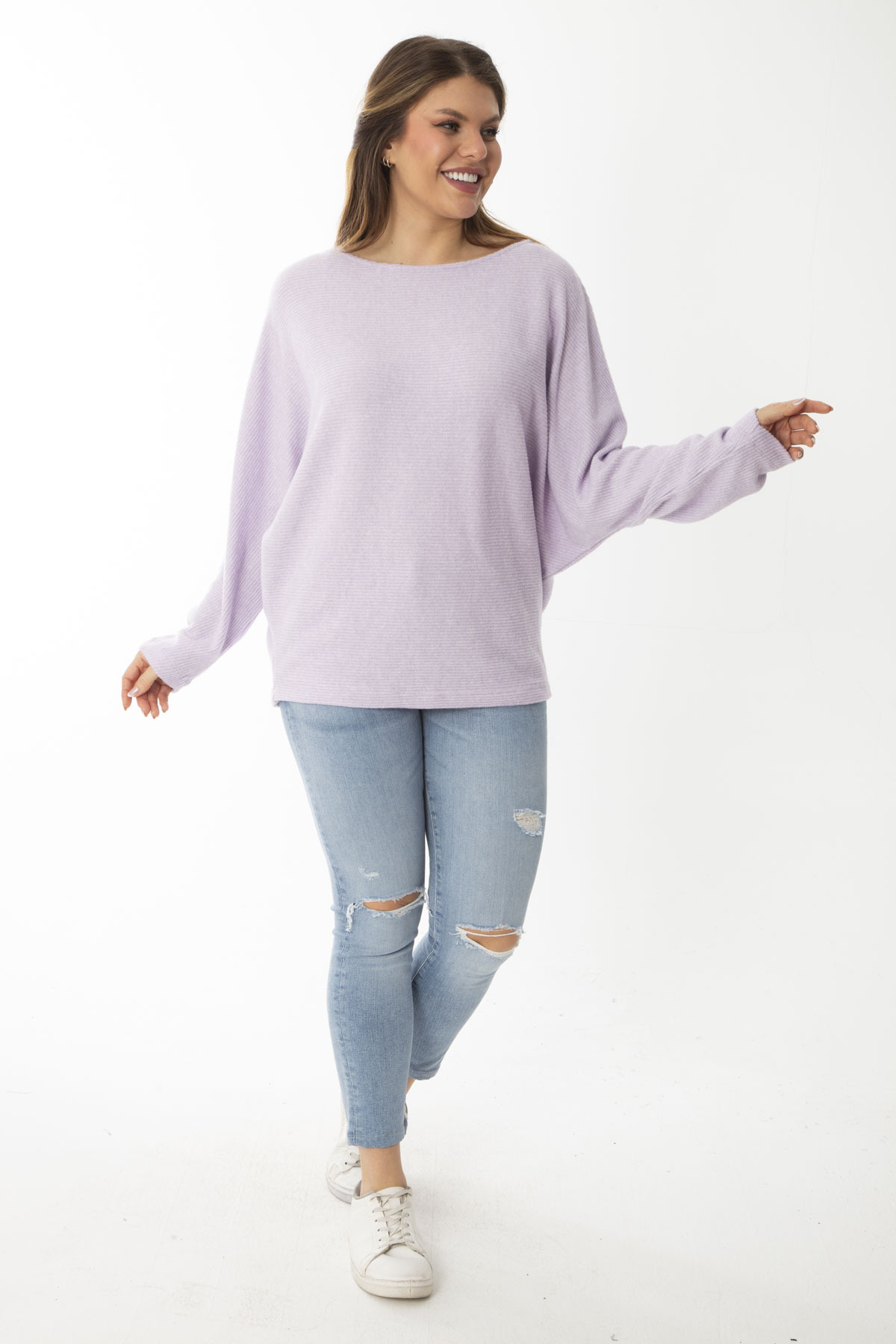 Levně Şans Women's Plus Size Lilac Bat Sleeve Striped Wool Viscose Blouse