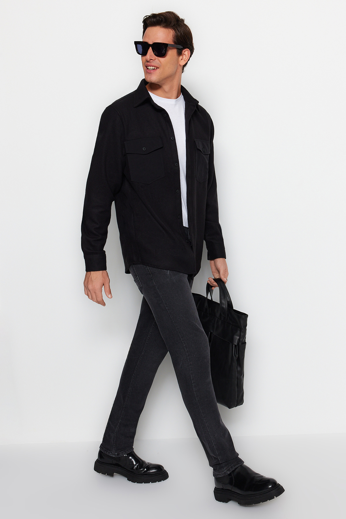 Trendyol Black Regular Parachute Pocket Cashmere Winter Textured Jacket Shirt