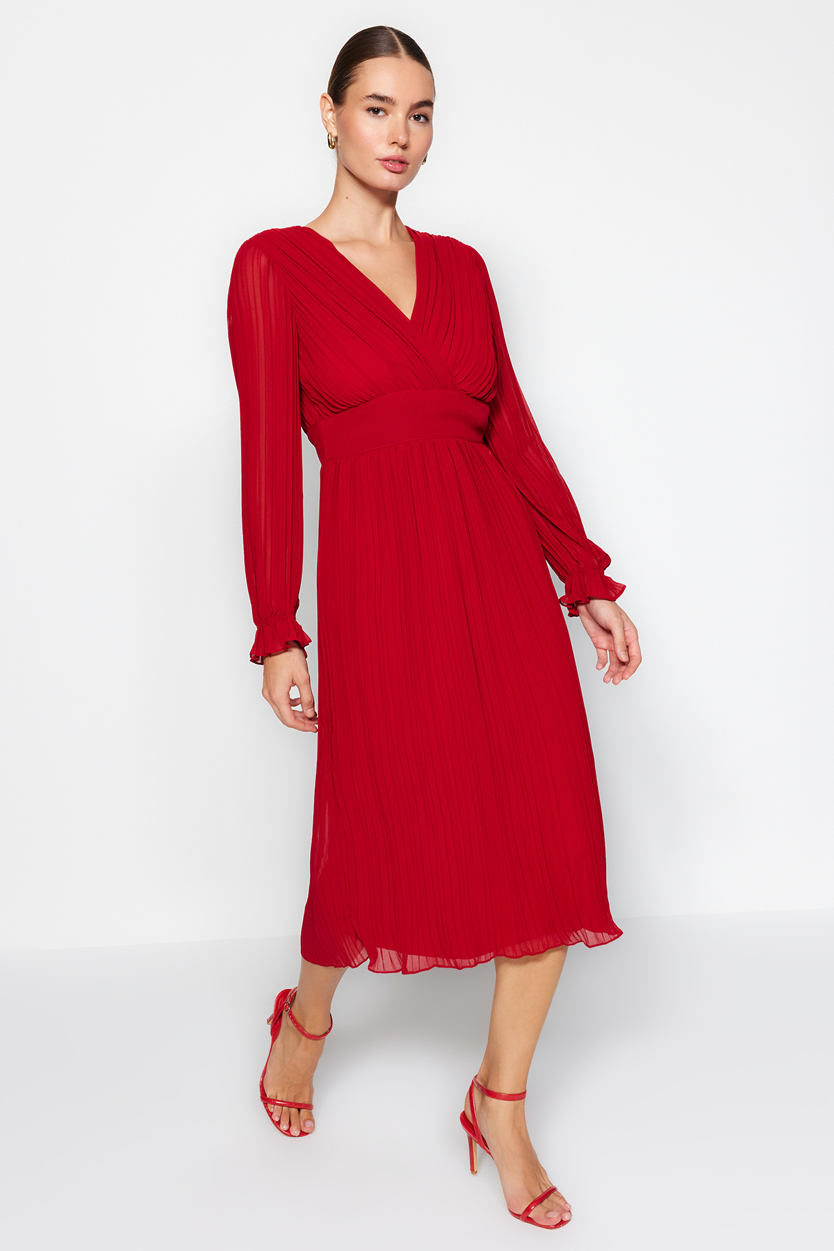 Levně Trendyol červené skládané šifonové tkané šaty s podšívkou