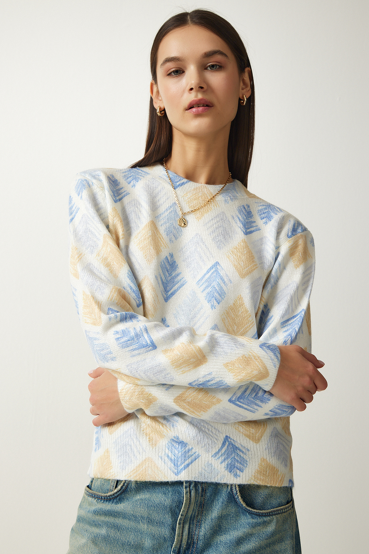 Levně Happiness İstanbul Women's Yellow Blue Patterned Soft Textured Knitwear Sweater