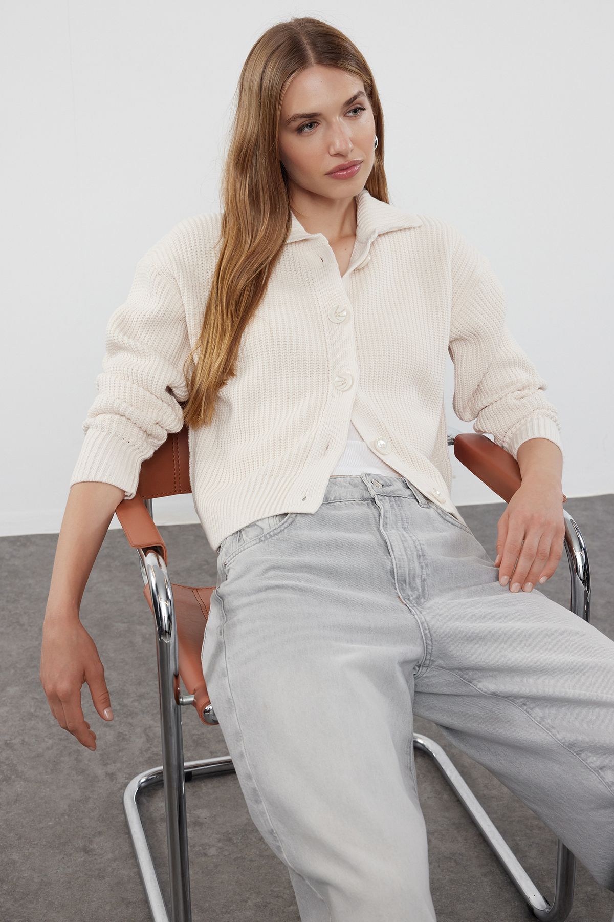 Trendyol Ecru Basic Polo Neck Knitwear Cardigan