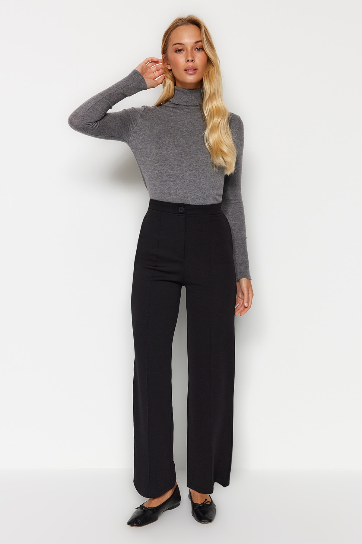 Trendyol Black Ribbed High Waist Straight Fit Knitted Trousers