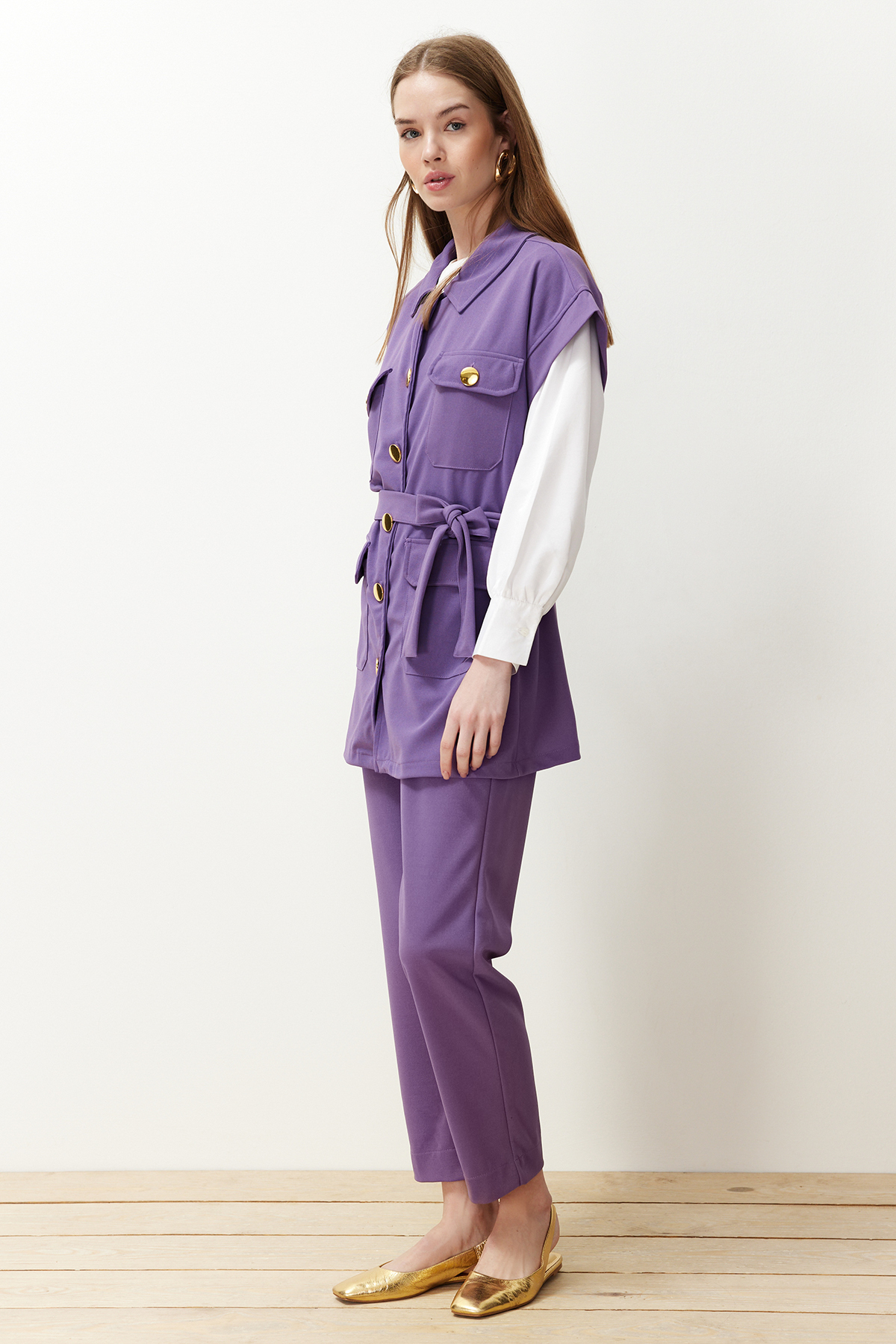 Trendyol Purple Gold Buttoned Vest-Pants Knitted Suit