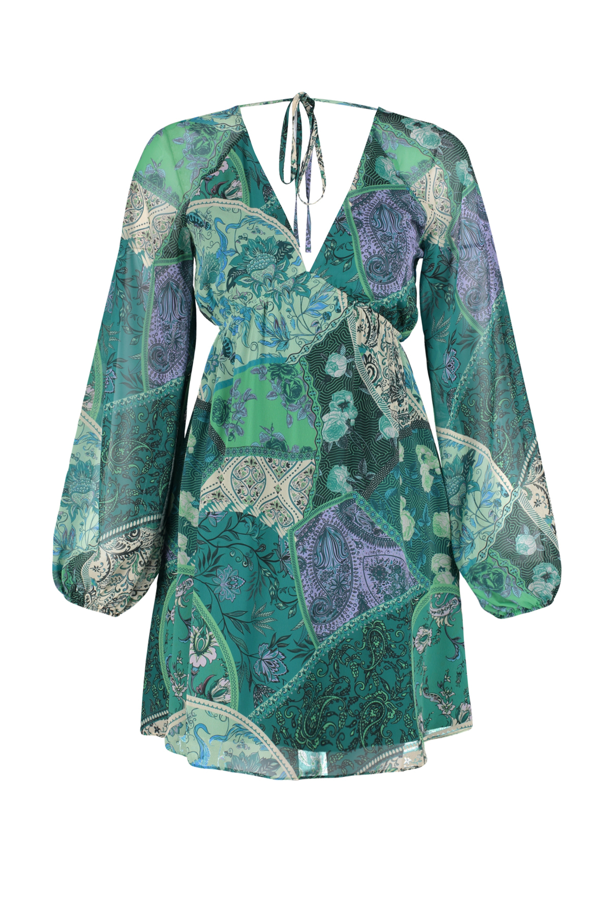 Trendyol Green Ethnic Patterned A-Line Collar Tied Mini Lined Chiffon Woven Dress