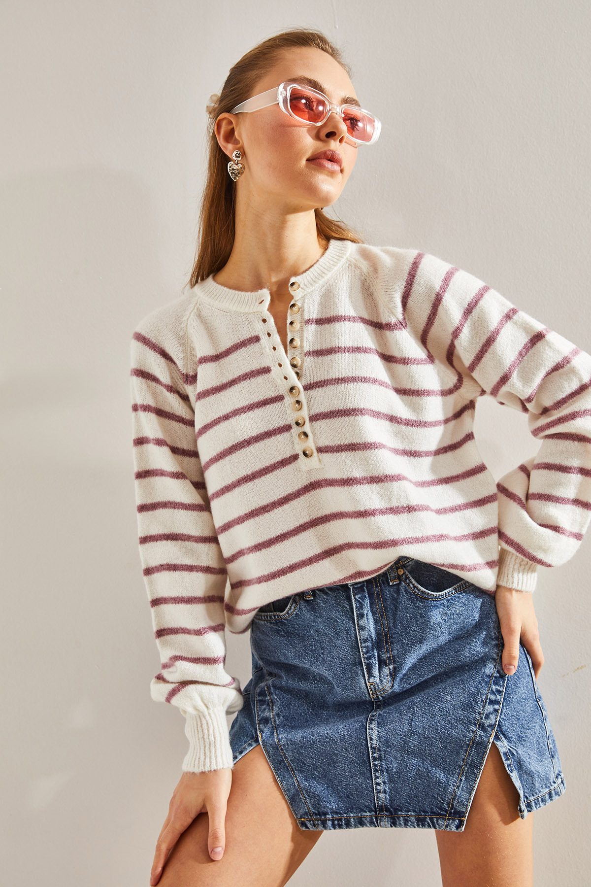 Bianco Lucci Women's Buttonhole Turtleneck Striped Knitwear Sweater