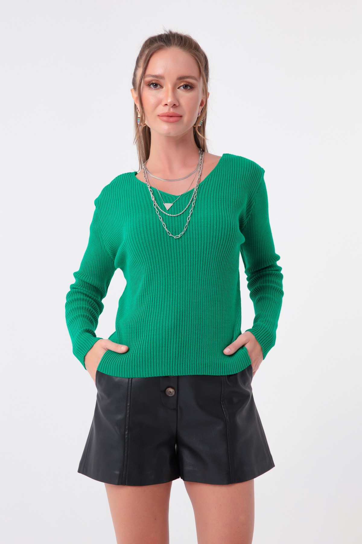 Lafaba Women's Green V-Neck Knitwear Sweater