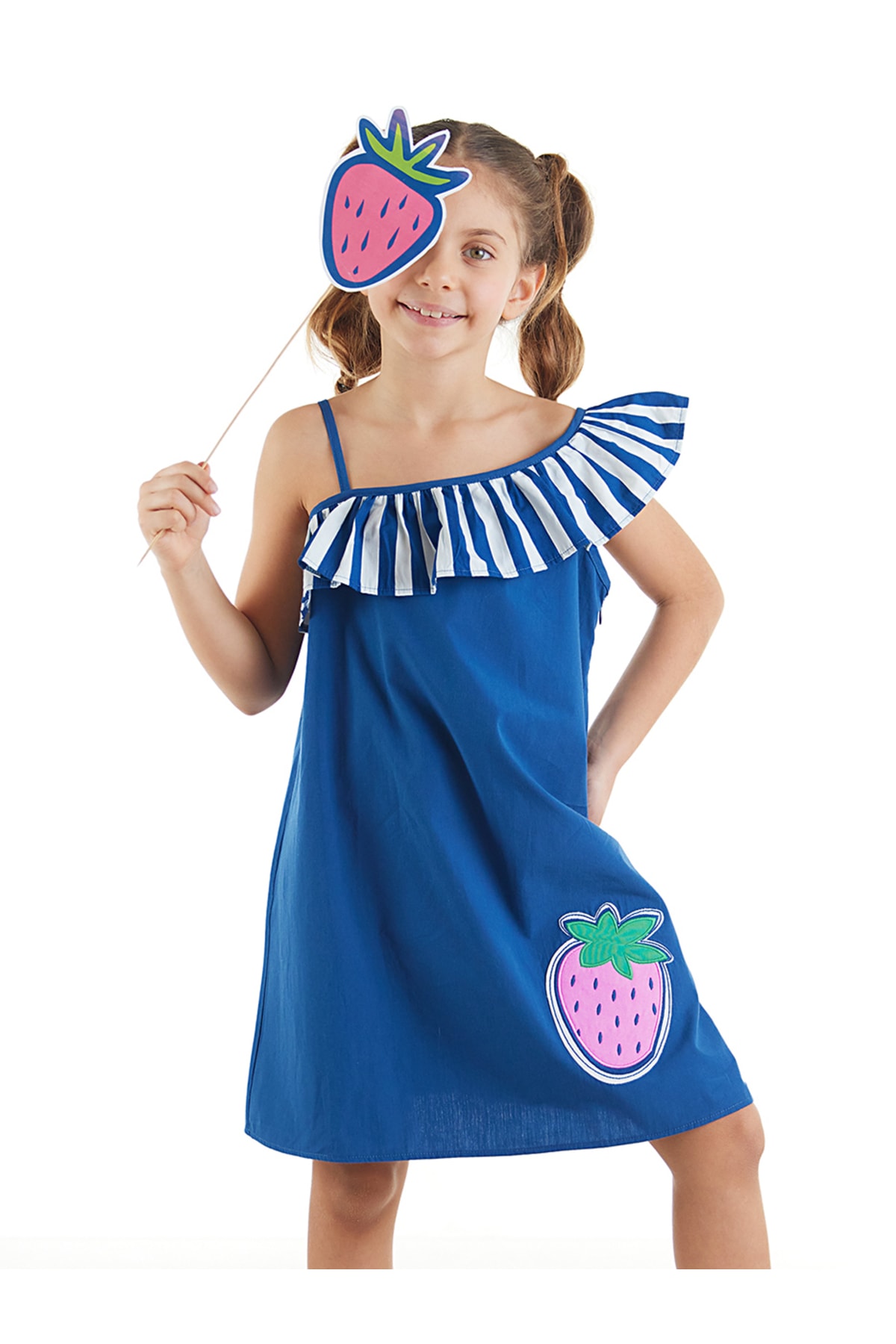 Mushi Girl's Navy Blue Strawberry Woven Dress