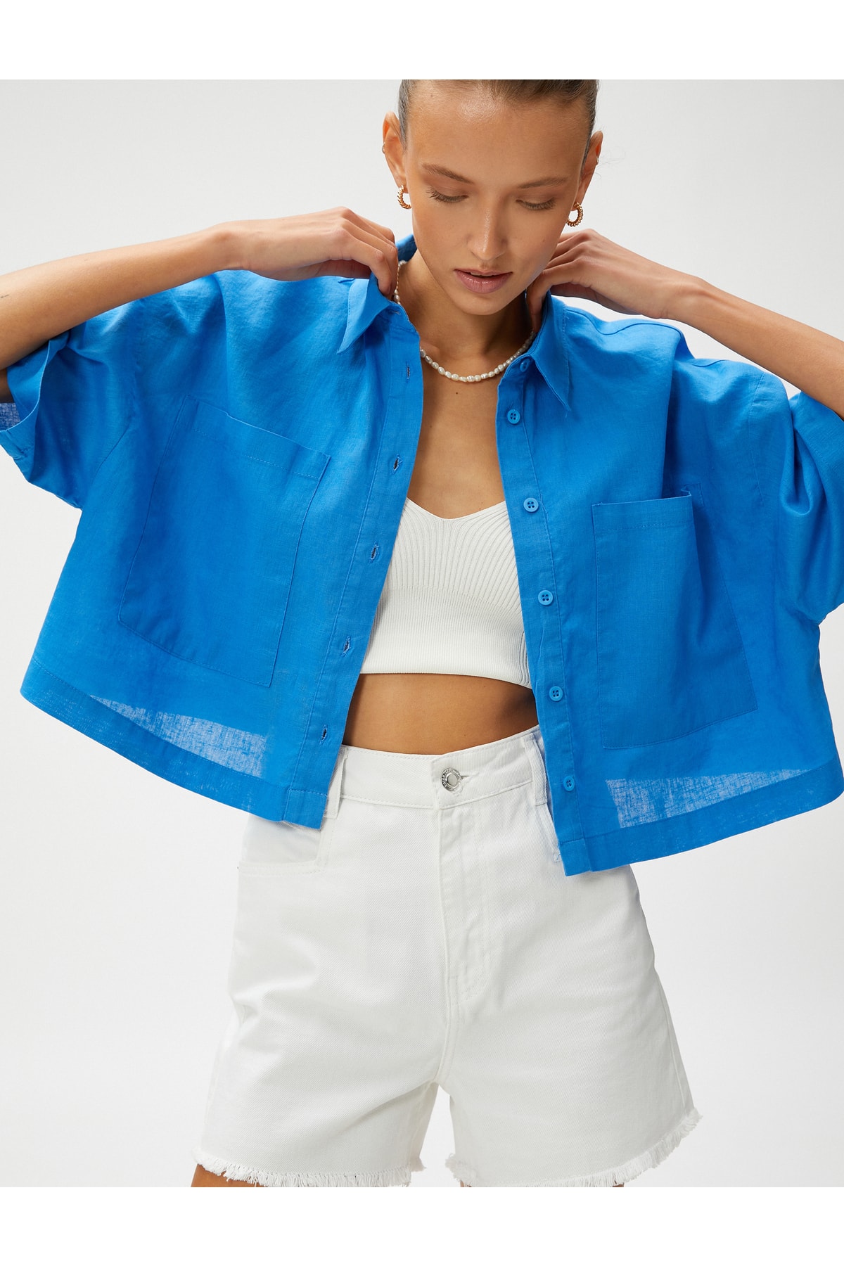Koton Linen Blend Crop Oversize Shirt