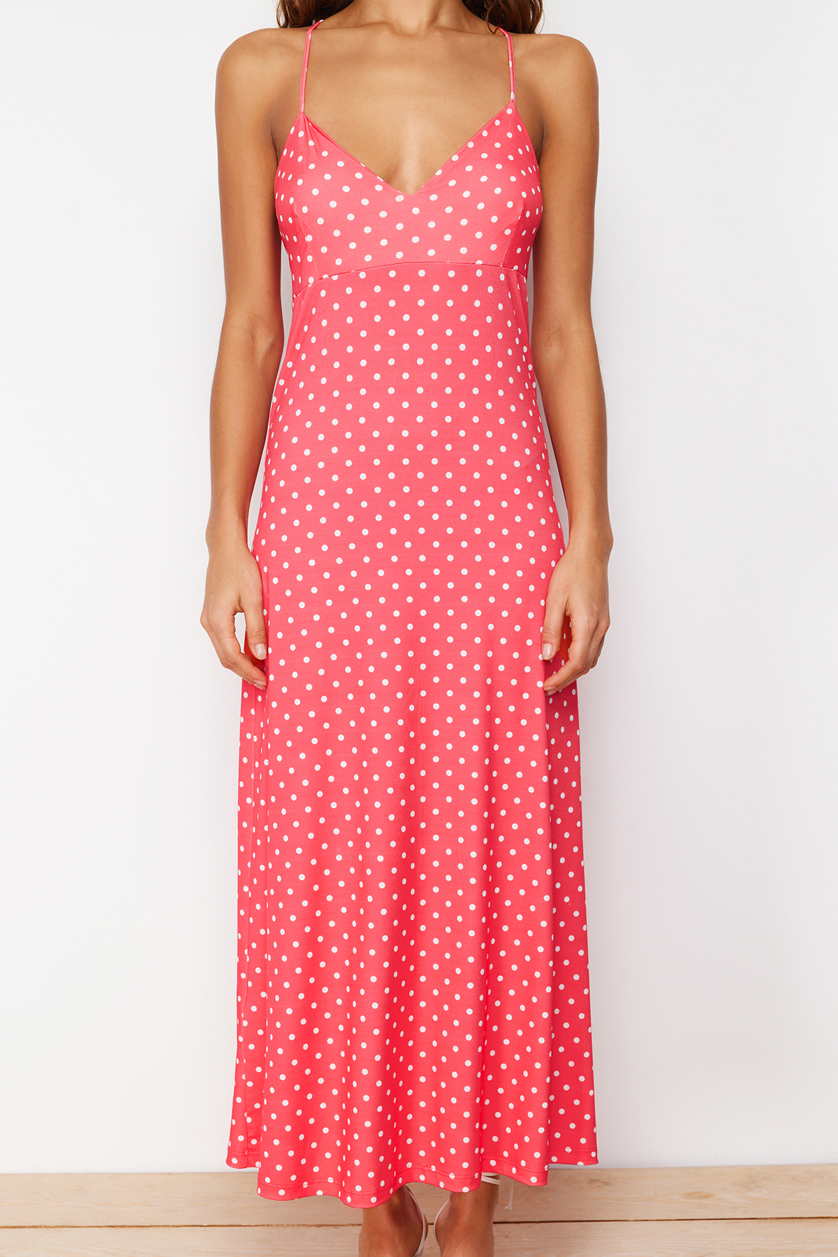 Trendyol Red Adjustable Strap Polka Dot A Cut/Bell Shape Flexible Knitted Maxi Dress