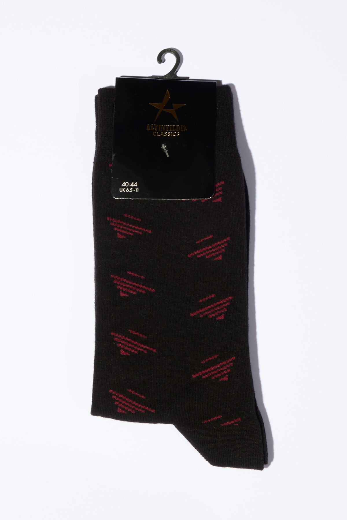 ALTINYILDIZ CLASSICS Men's Black-Burgundy Patterned Crew Neck Socks