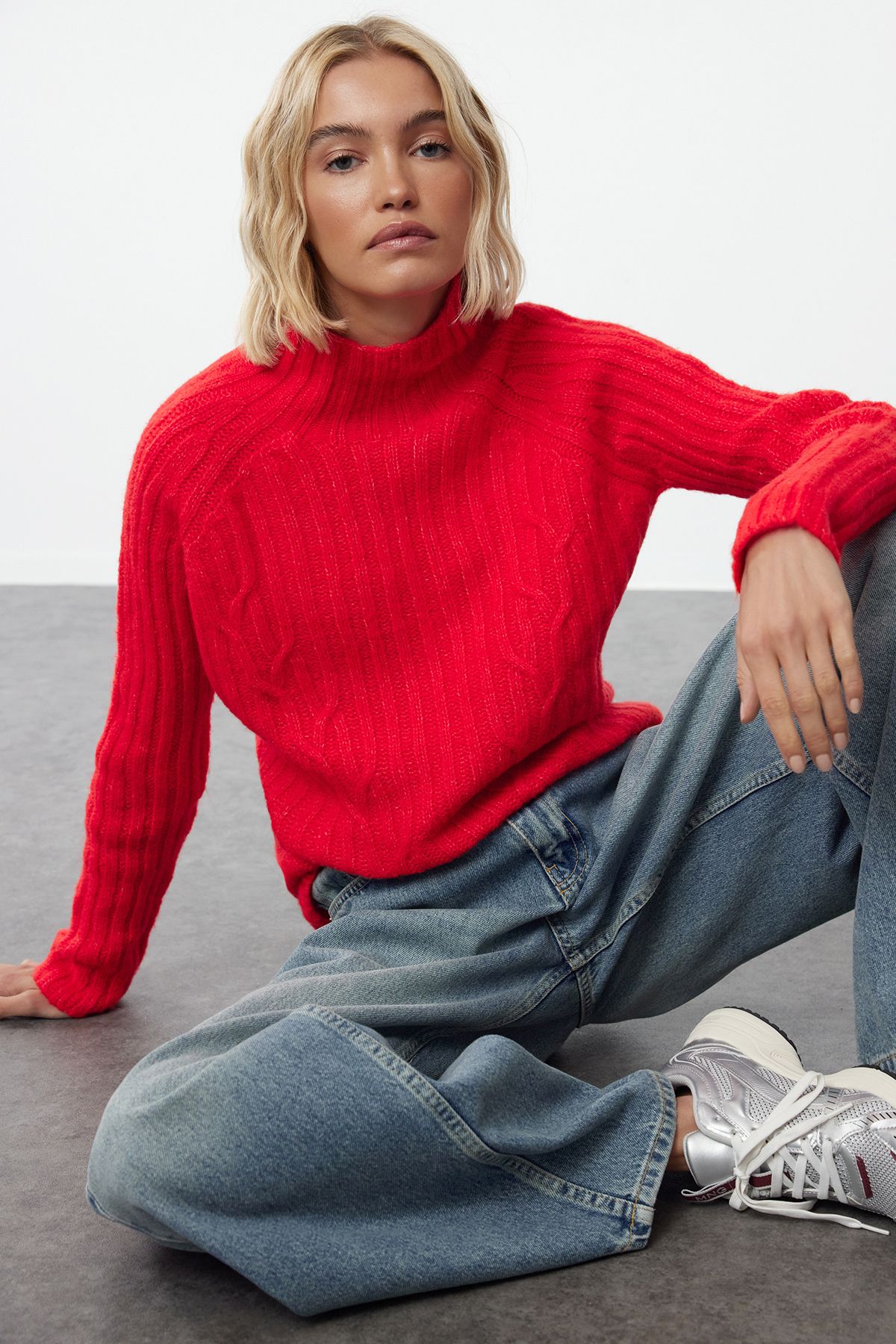 Trendyol Red Soft Textured Knit Detailed High Collar Knitwear Sweater