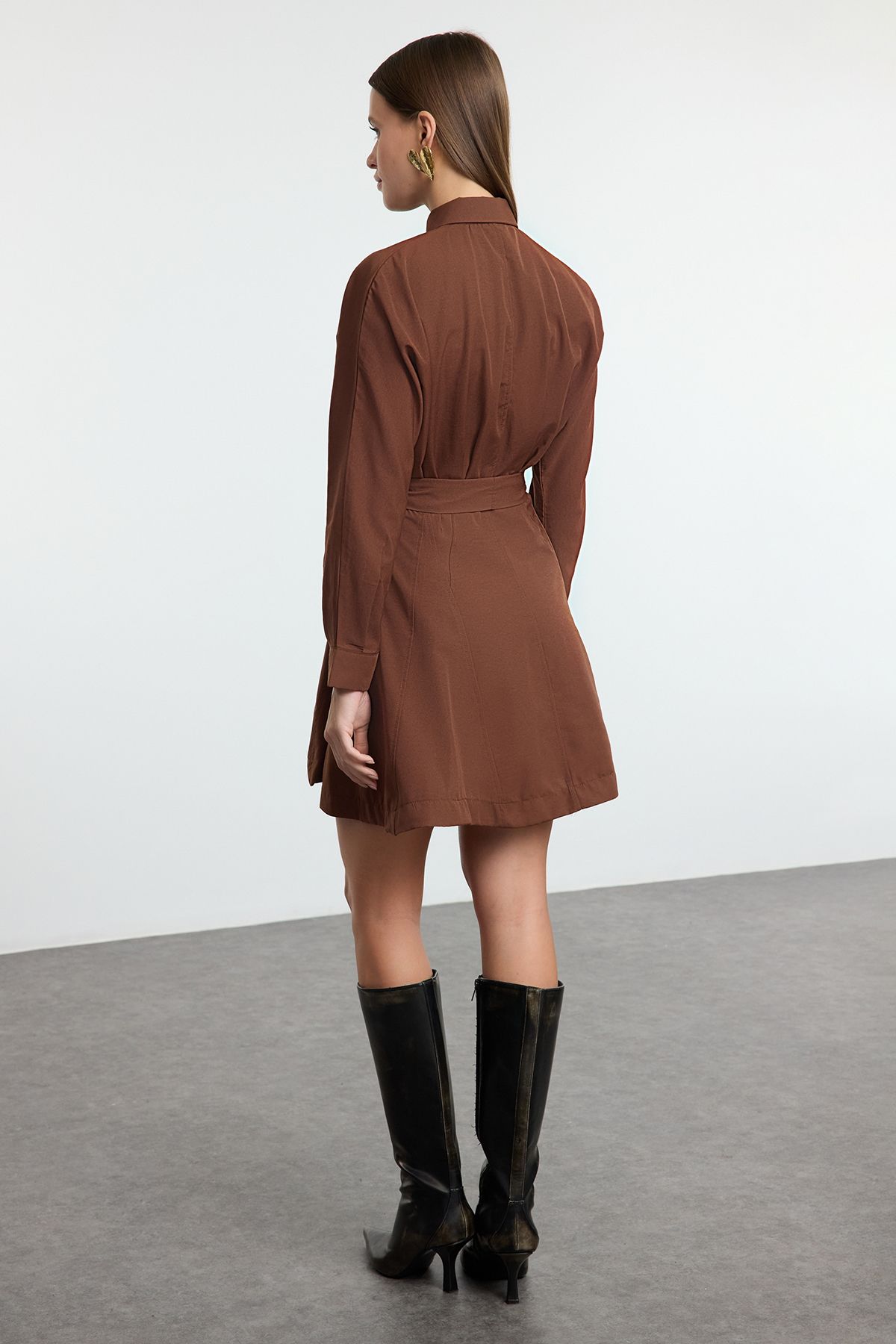 Trendyol Brown Mini Woven Shirt Dress with Open Waist Skirt