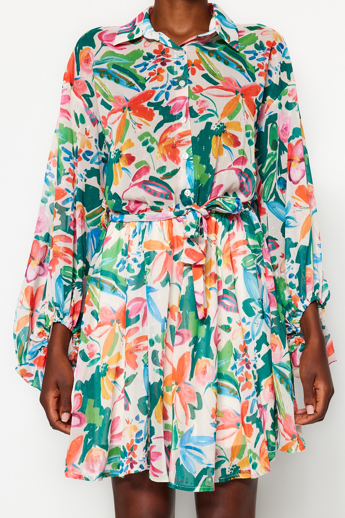 Trendyol Multi Color Floral Pattern Waist Open Mini Lined Chiffon Woven Dress