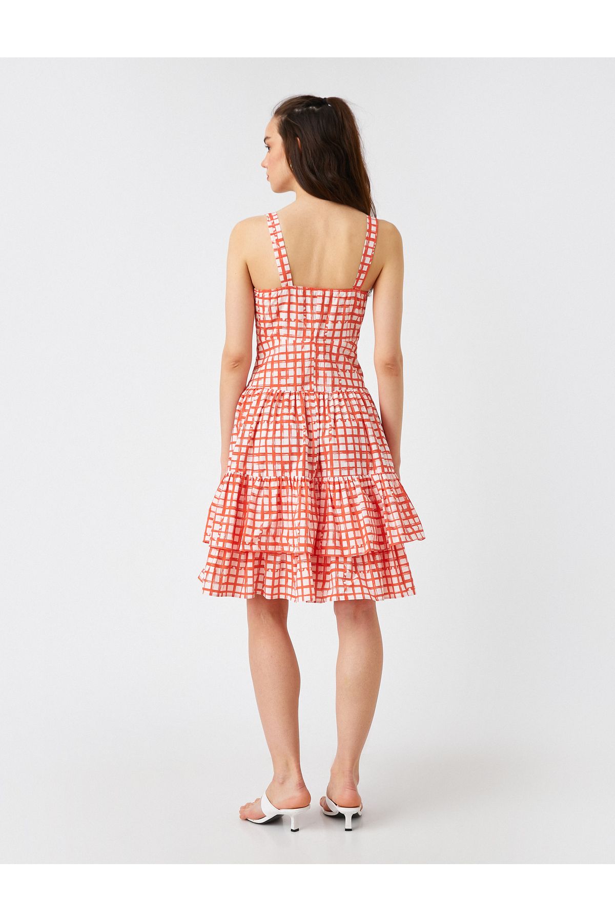 Rochie midi in carouri Koton cu bretele si volane