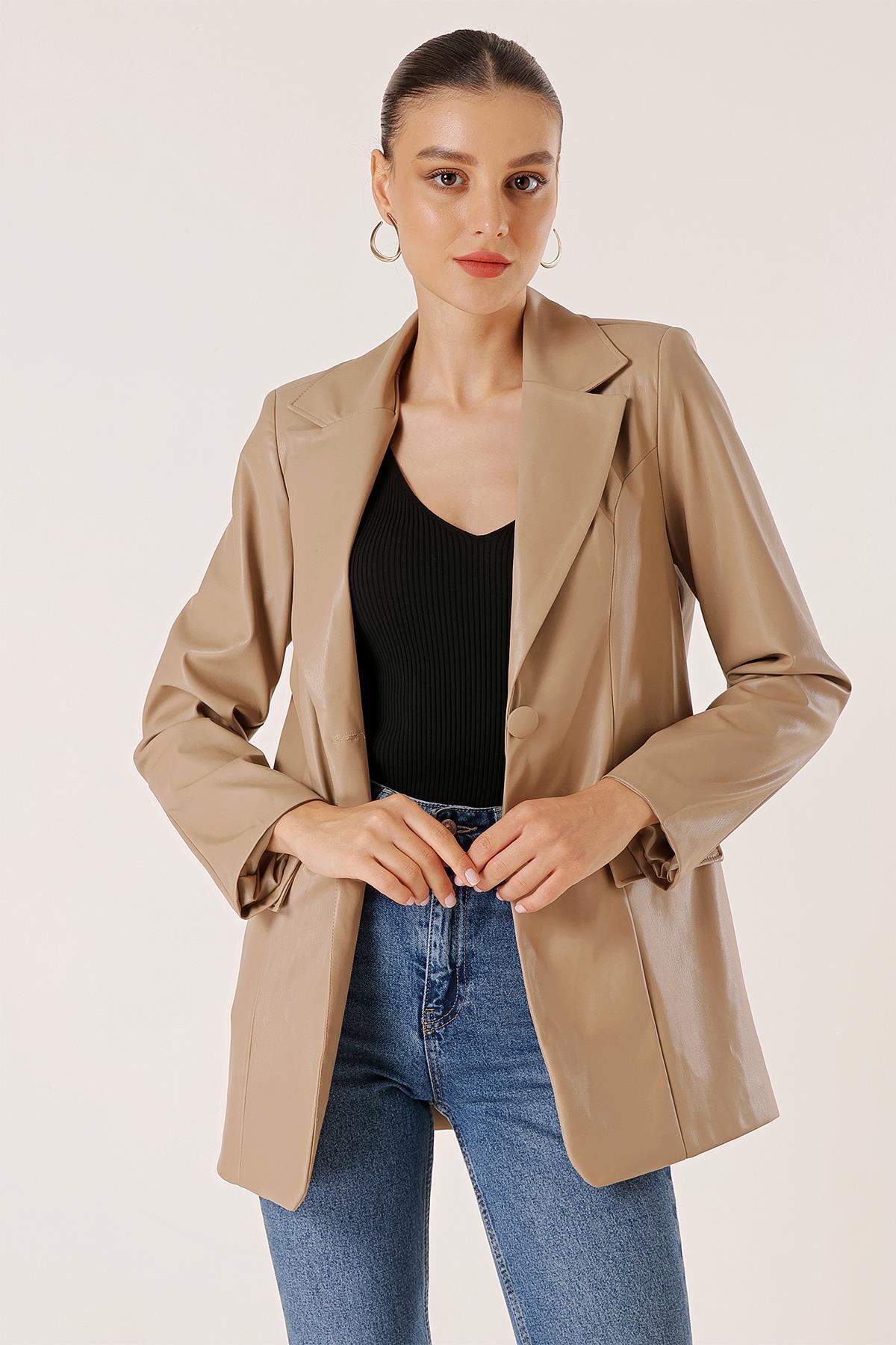 By Saygı Jachetă de piele căptușită cu buzunar fals cu nasturi dubli