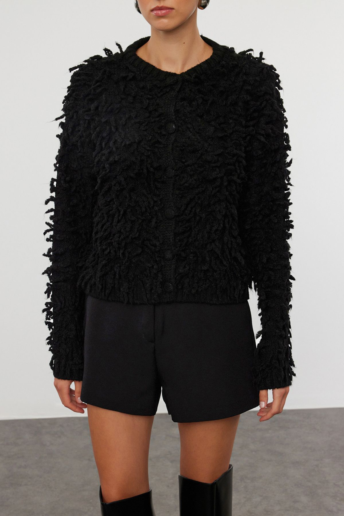 Trendyol Black Soft Texture Tassel Coat Knitwear Cardigan