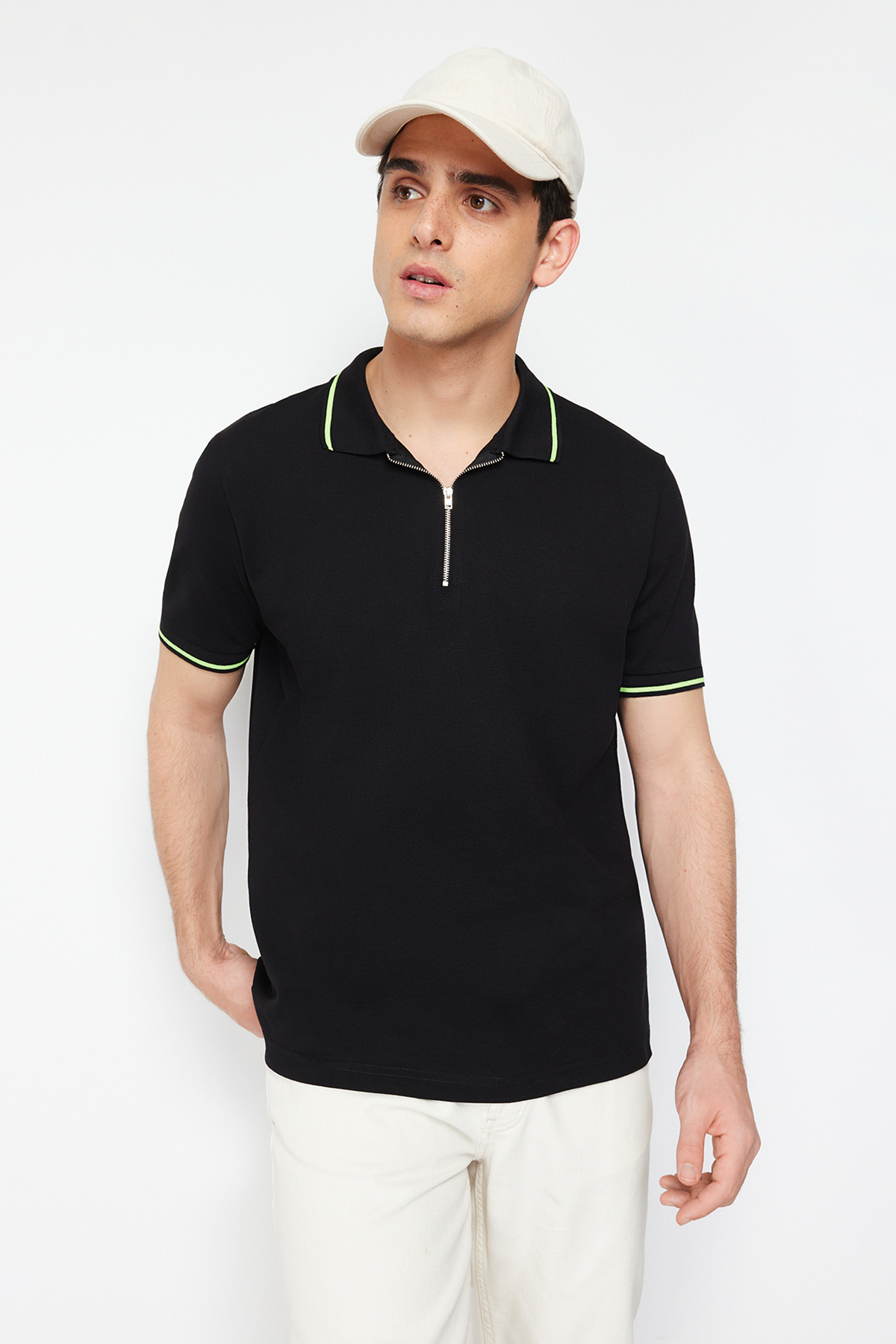 Trendyol Black Men's Zippered Regular Fit Polo Neck T-shirt
