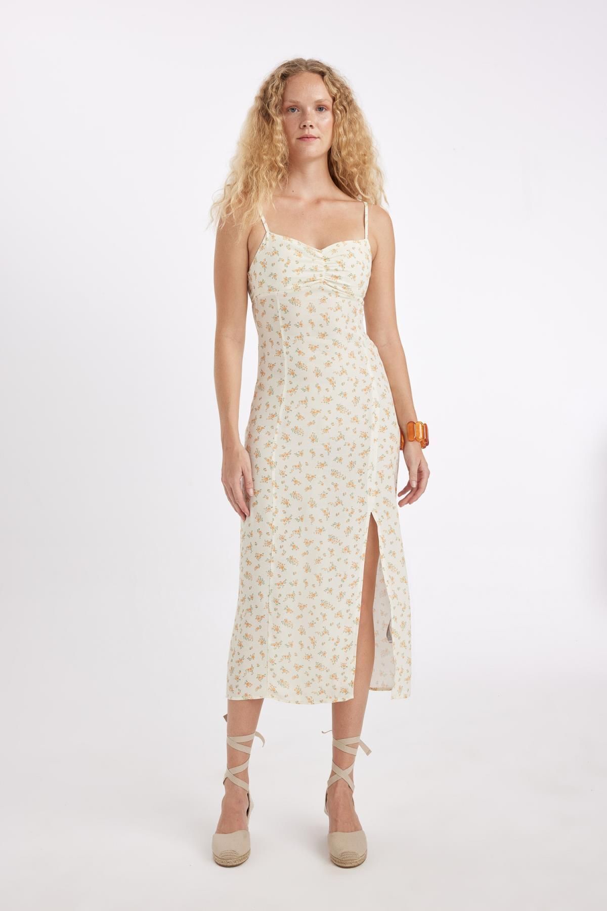 DEFACTO Sweetheart Neckline Floral Leather Strap Midi Dress