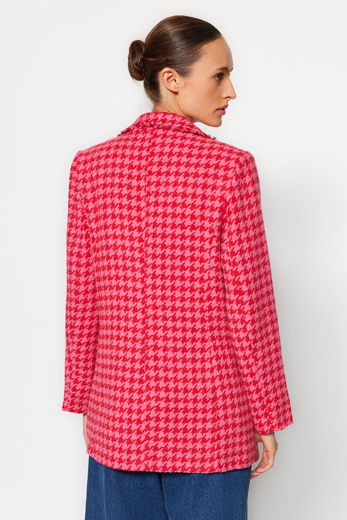 Trendyol Fuchsia Tweed Regular Lined Double Breasted Closure Woven Houndstooth Blazer Jacket