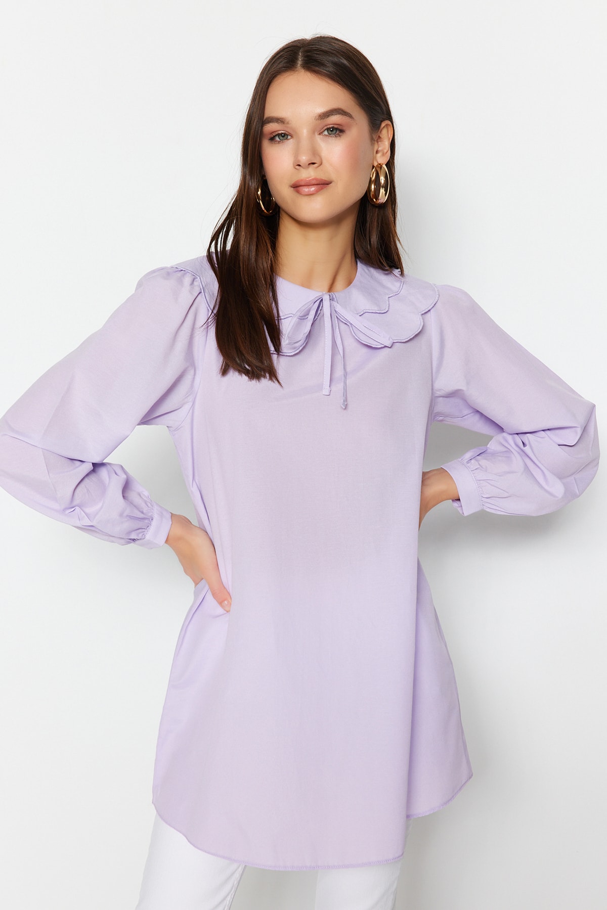 Trendyol Lilac Baby Collar Woven Cotton Tunic