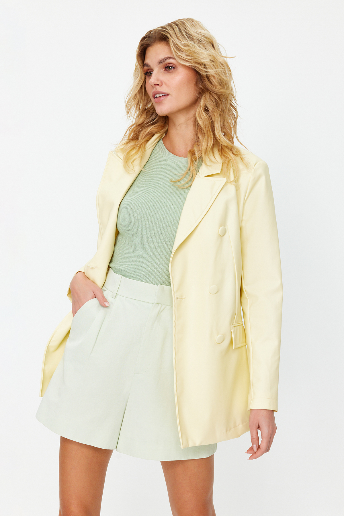 Trendyol Light Yellow Double Breasted Closure Woven Lined Faux Leather Blazer Jacket