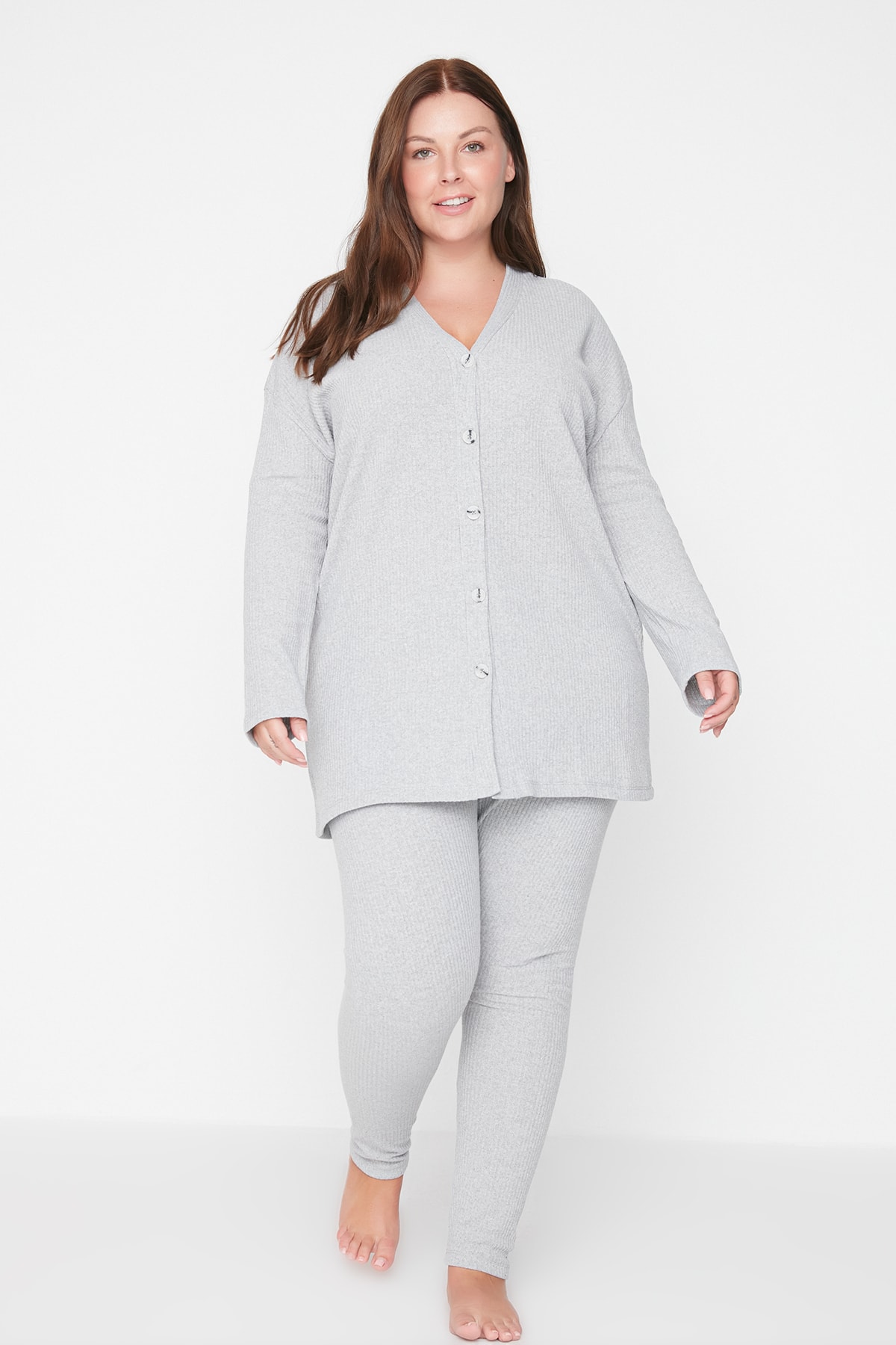 Trendyol Curve Gray Soft Knitted Pajamas Set