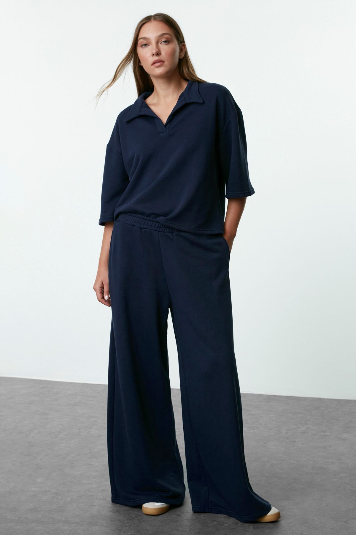 Trendyol Navy Blue Relaxed/Comfortable Fit Polo Neck Three Quarter Sleeve Knitted Bottom-Top Suit