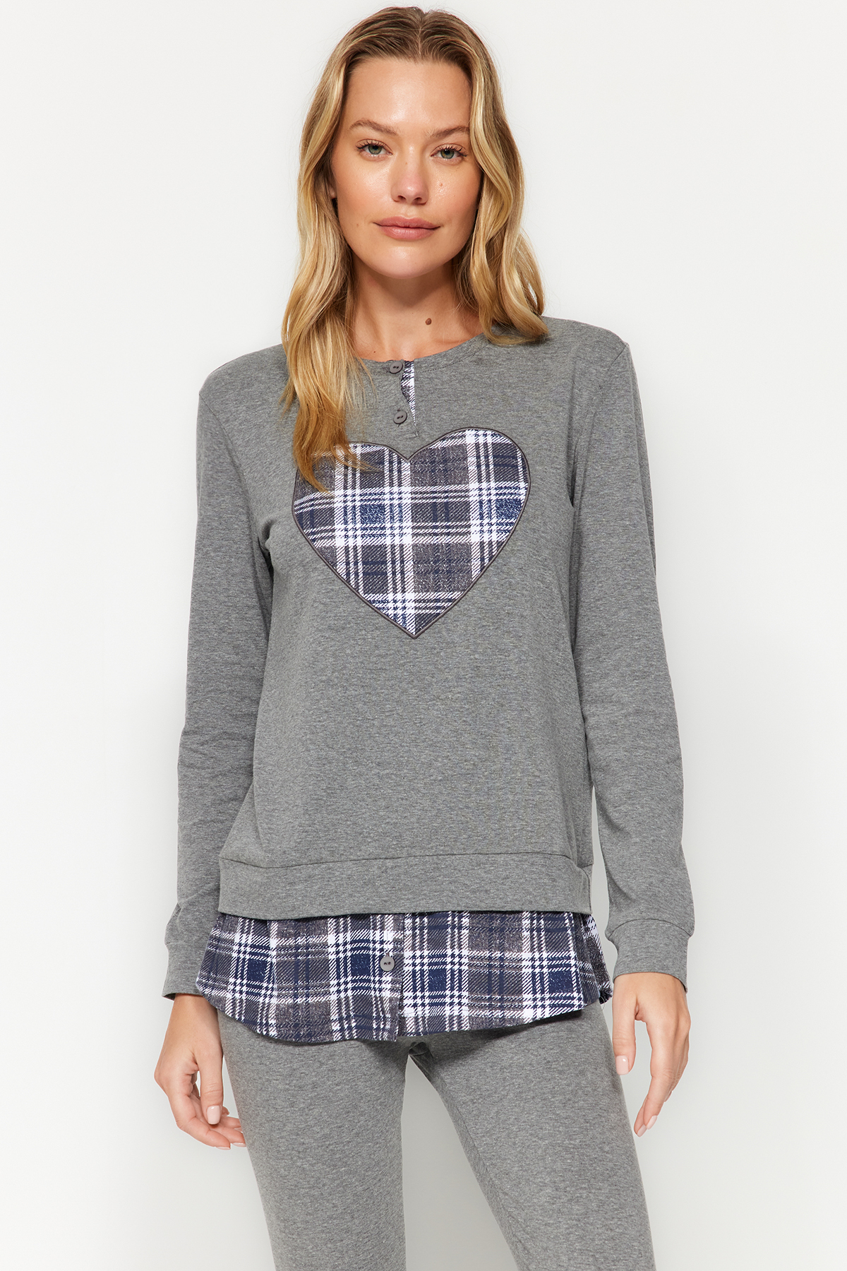 Trendyol Gray Heart Printed Tshirt-Leggings, Knitted Pajamas Set