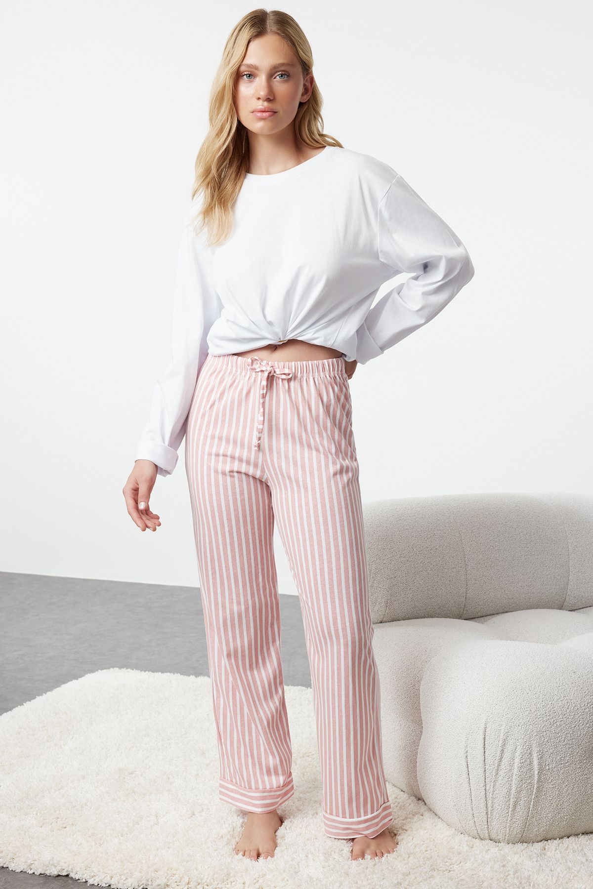 Trendyol Pink 100% Cotton Striped Knitted Pajama Bottoms