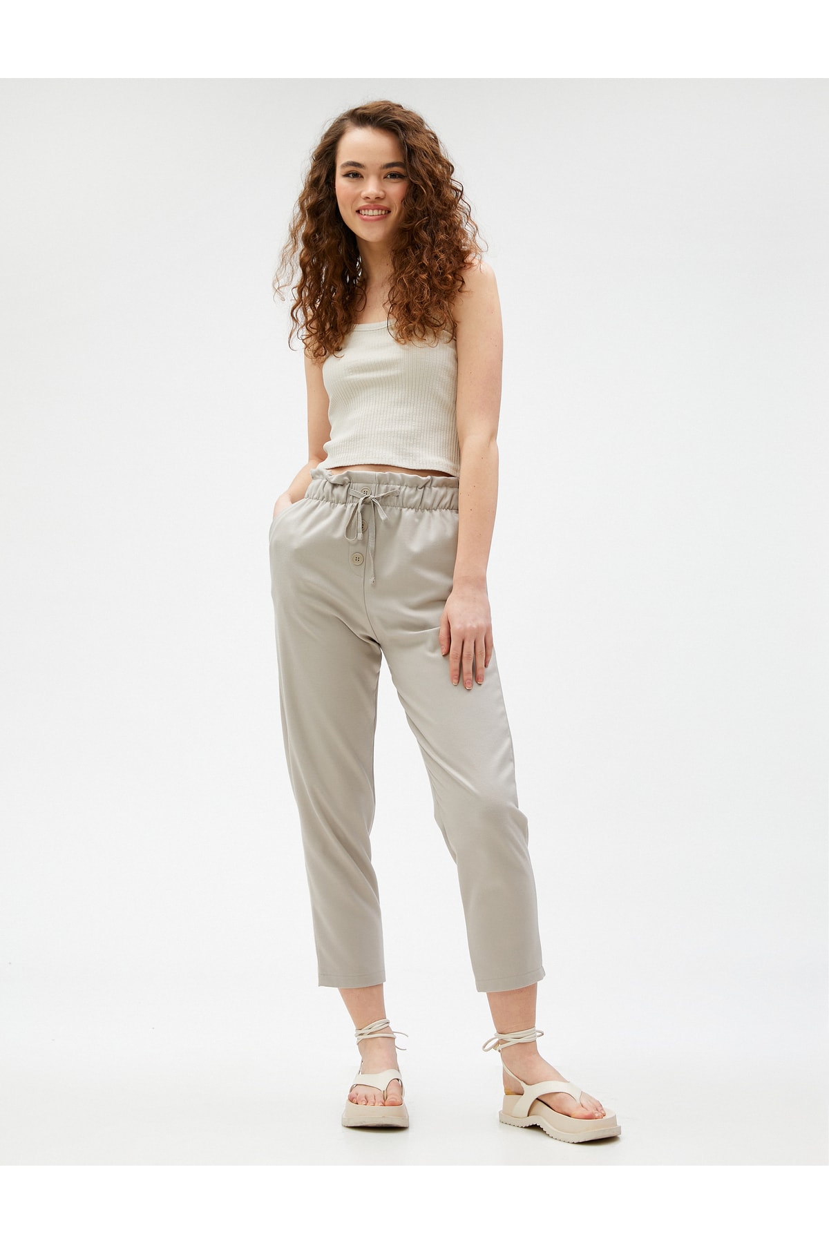 Koton Carrot Trousers Elastic Waist Pockets Buttoned Viscose Blended