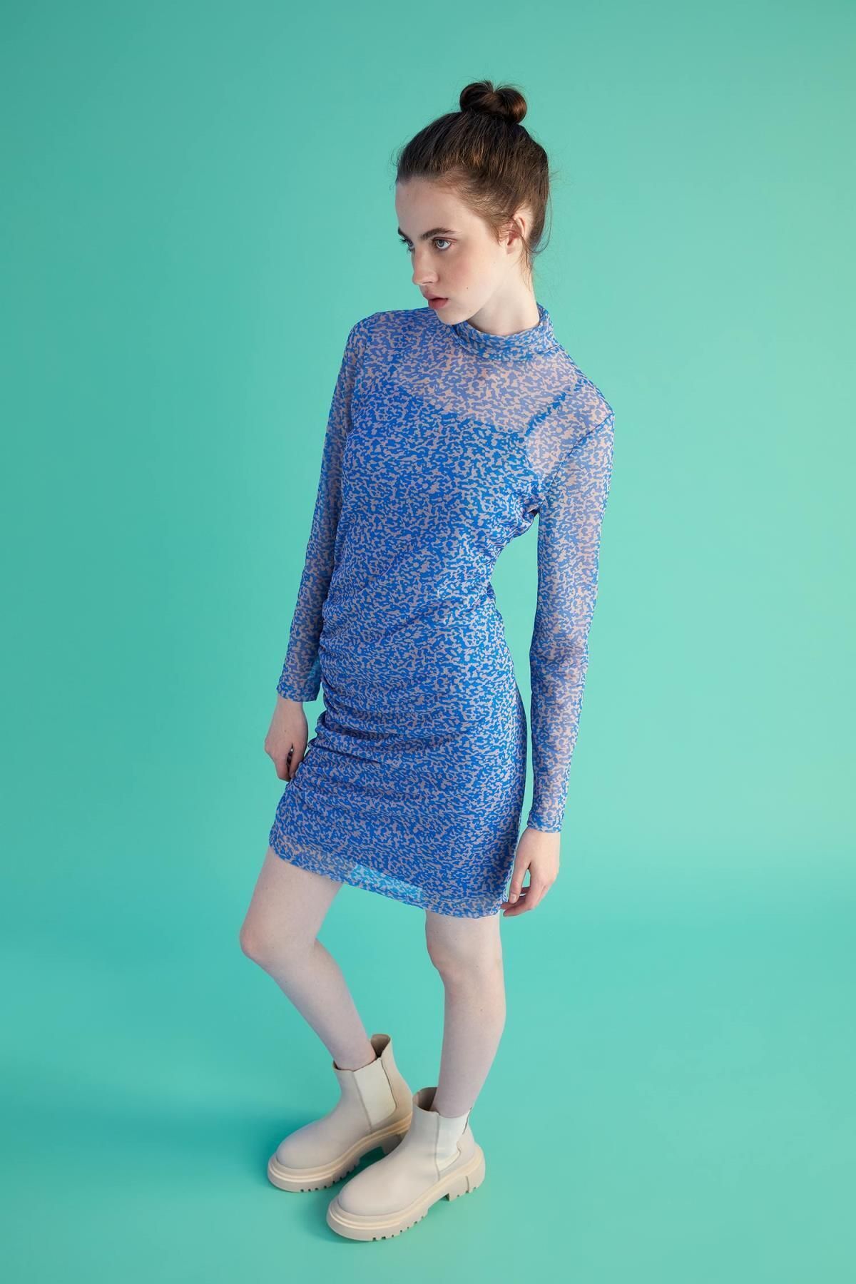 DEFACTO Bodycon Bodycon Half Turtleneck Patterned Tulle Long Sleeve Mini Dress