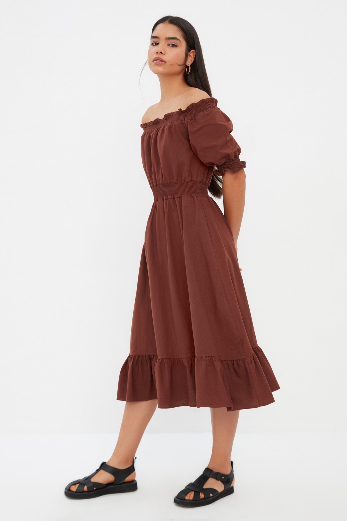 Trendyol Brown Waist Gimped Madonna Neck Midi Linen Look Woven Dress