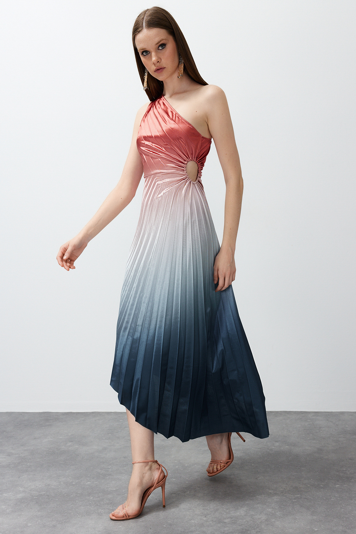 Trendyol Multi Color Asymmetric Knitted Pleat Detailed Satin Elegant Evening Dress