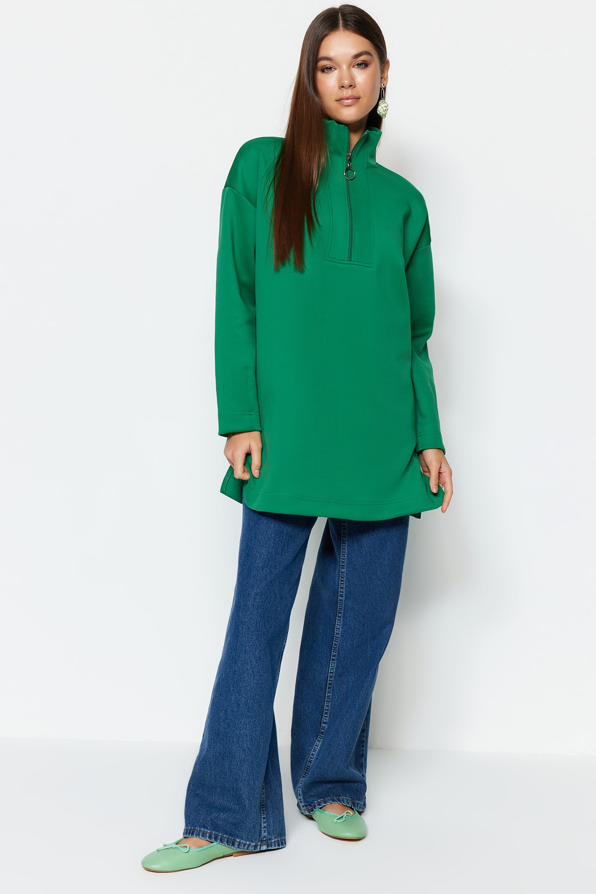 Trendyol Green Zipper Detail Diver/Scuba Plain Knit Sweatshirt