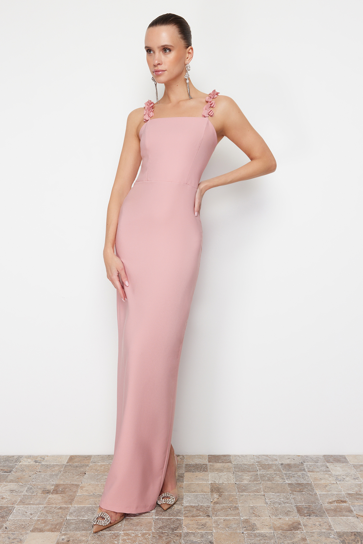 Trendyol Pink Fitted Flower Detailed Long Evening Evening Dress