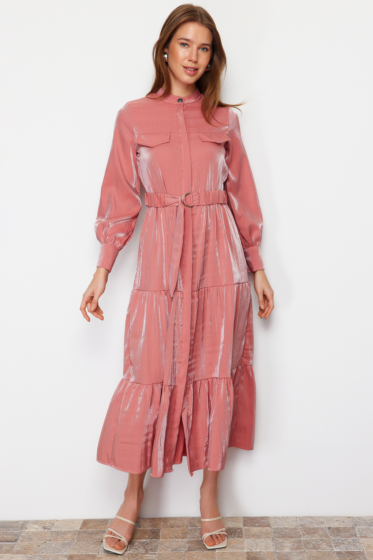 Trendyol Pale Pink Shiny Satin Belt Detailed Skirt Frilly Woven Dress