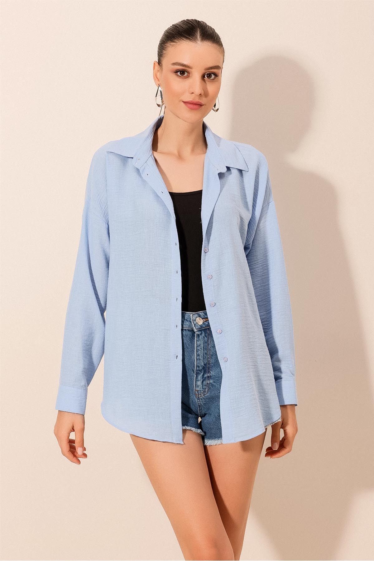 Levně Bigdart 20153 Single Pocket Oversize Linen Shirt - Blue