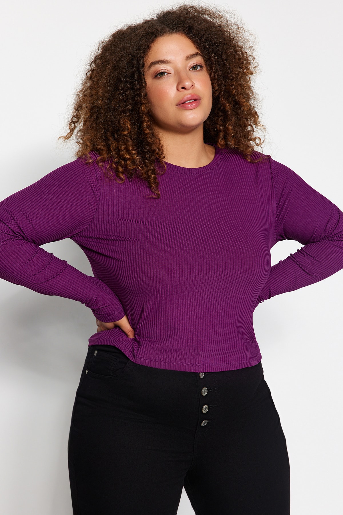 Levně Trendyol Curve Plum Bodycone Corded Knitted Blouse