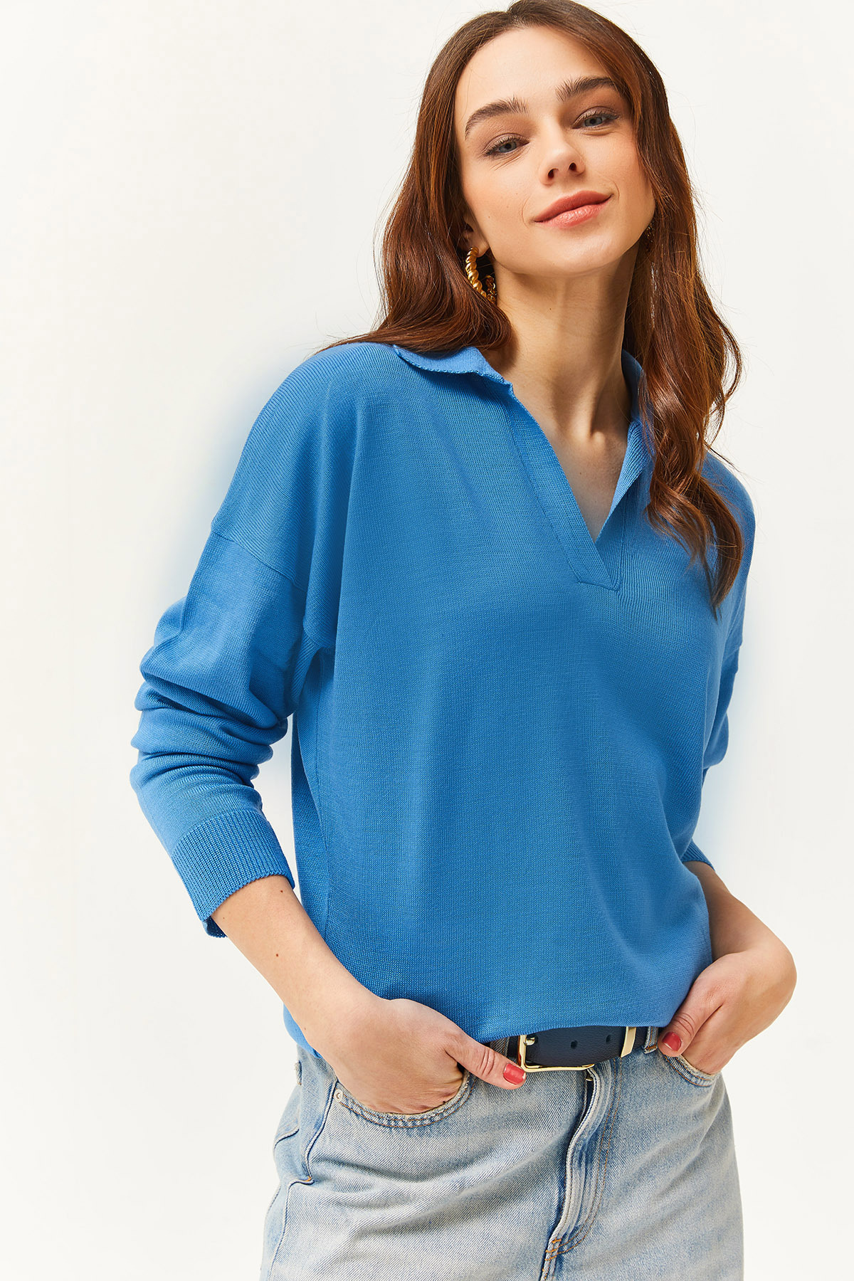 Levně Olalook Women's Blue Polo Neck Fine Knitwear Sweater