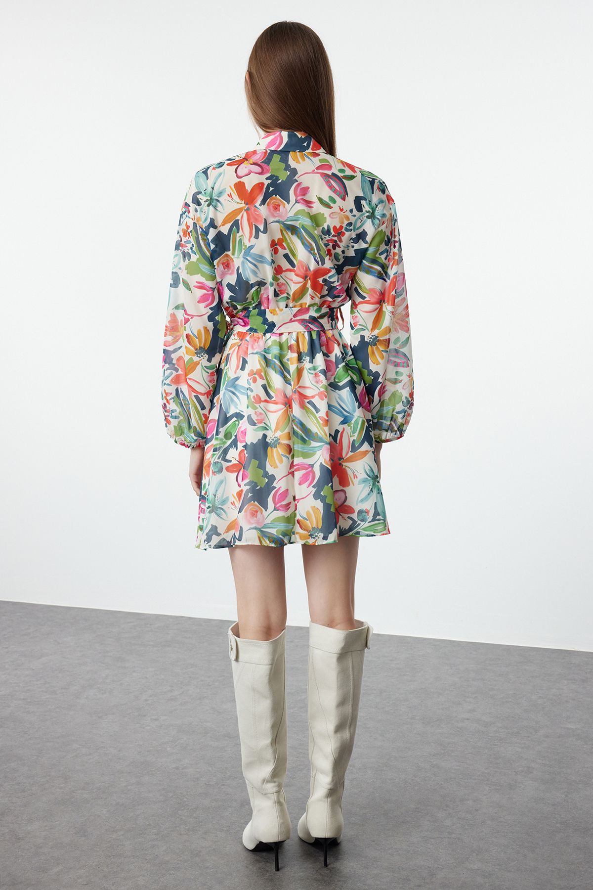 Trendyol Multi Color Floral Pattern Waist Open Mini Lined Chiffon Woven Dress