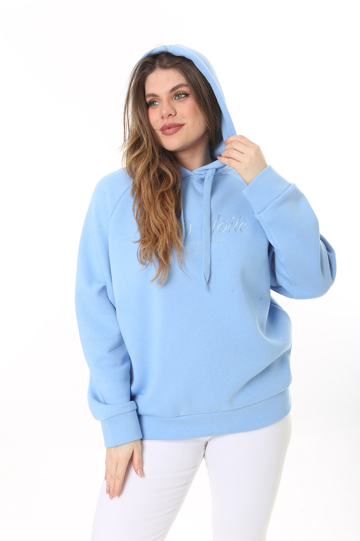 Levně Şans Women's Plus Size Baby Blue Inner Raising 3 Thread Fabric Hooded Sweatshirt