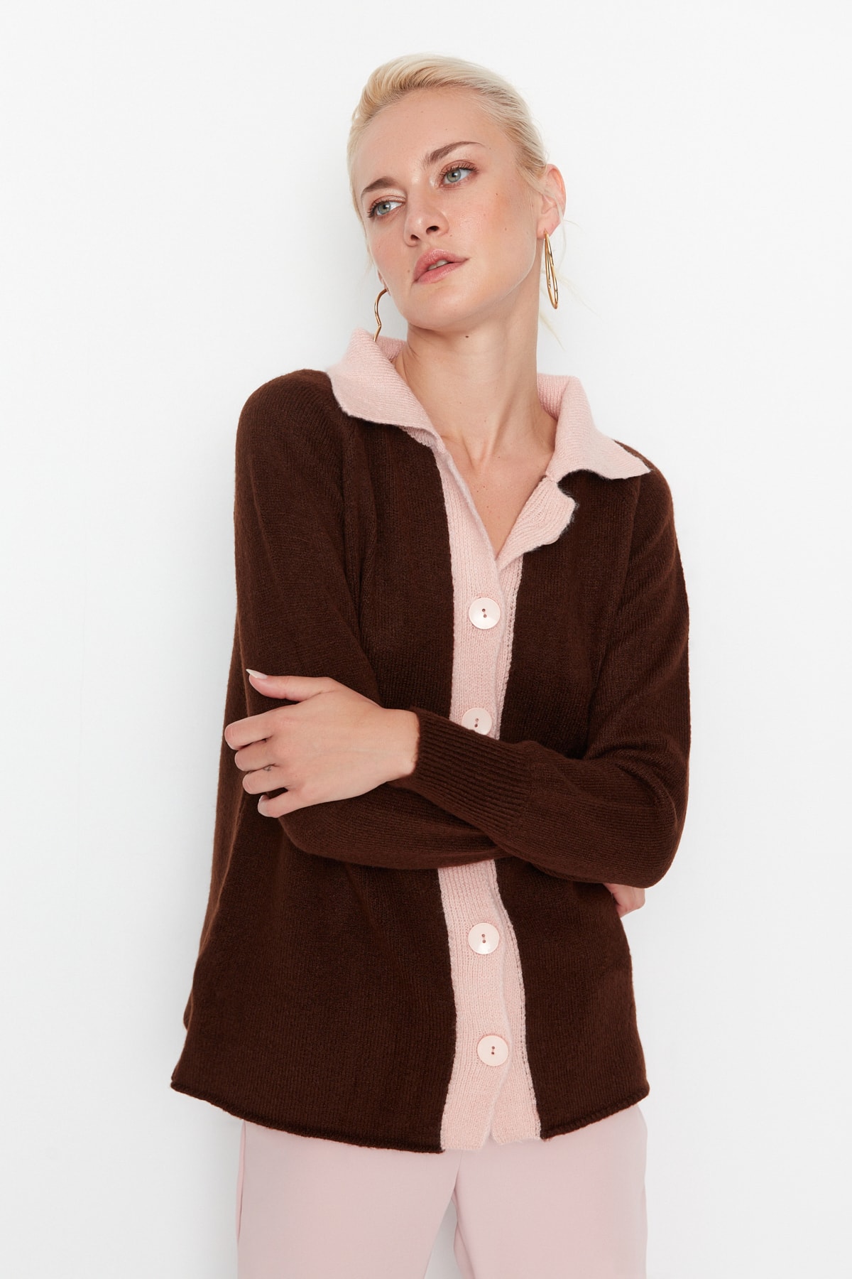 Trendyol Brown Polo Collar Knitwear Cardigan