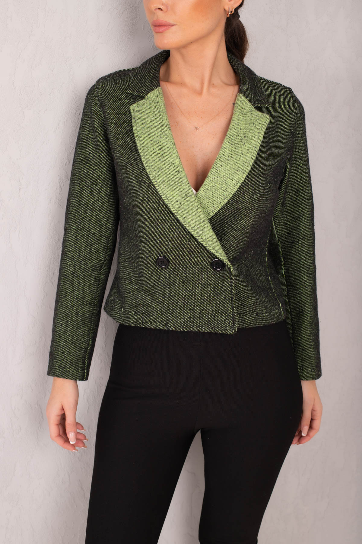 Levně armonika Women's Pistachio Green Double Breasted Collar Two Color Stitched Crop Jacket