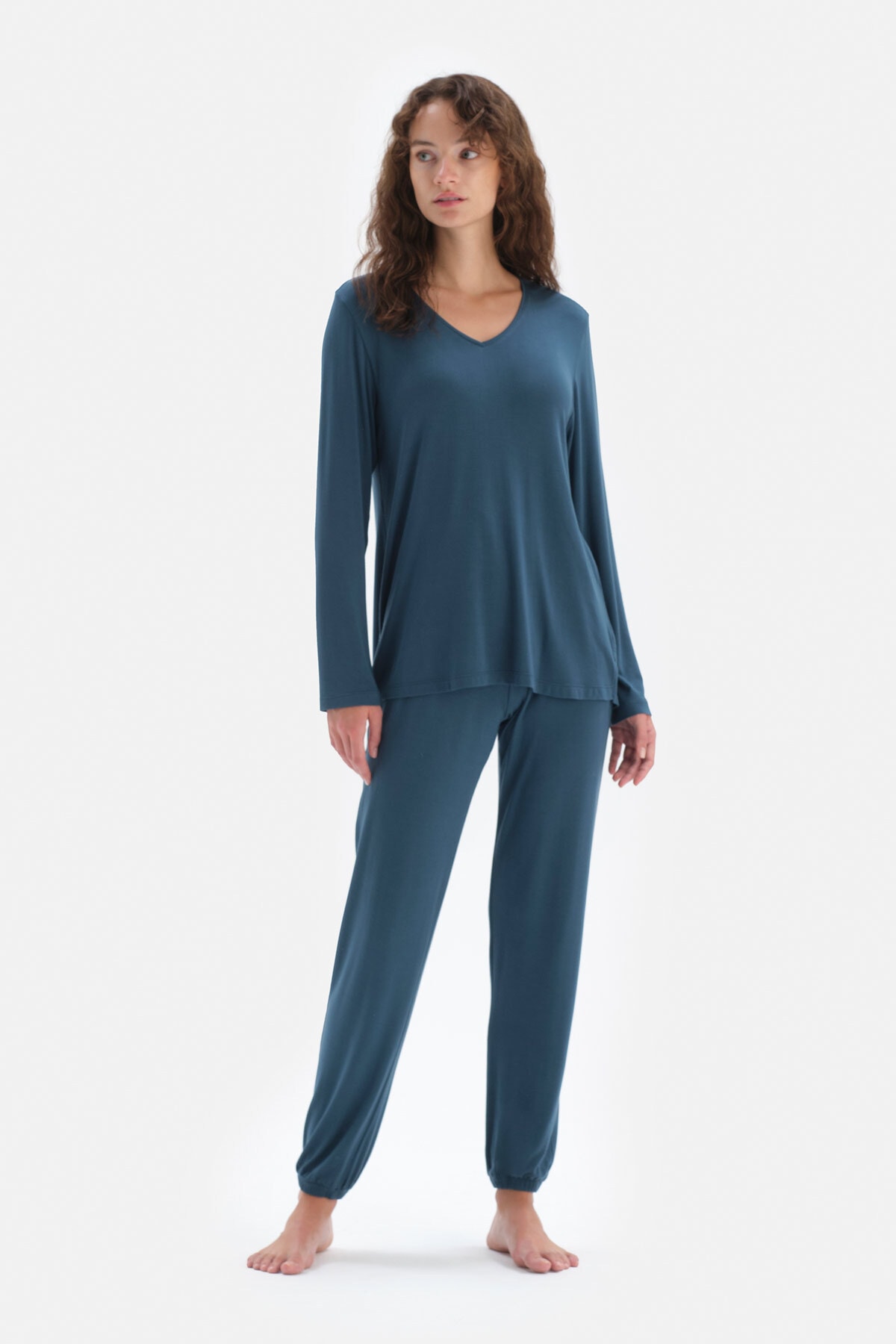 Dagi Oil Blue V-Neck Long Sleeve Piping Detailed Top Jogger Pajamas Set